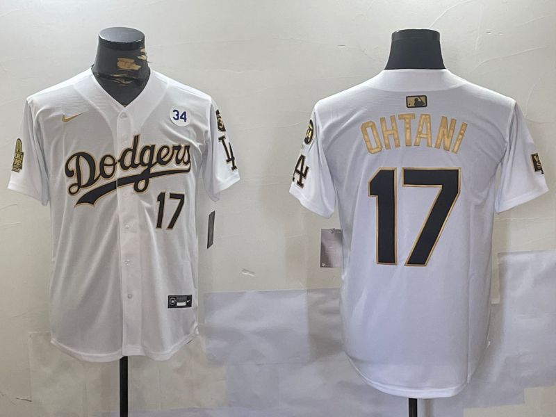 Men Los Angeles Dodgers 17 Ohtani White Gold Game 2024 Nike MLB Jersey style 11201